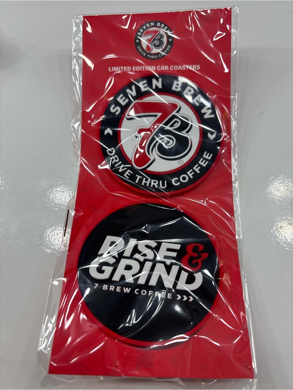 Limited Edition Red & Black Car Coasters - Rise & Grind 7Brew
